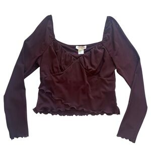 Kirious Lettuce Edge Sweetheart Neck Long Sleeve Top in Brown Women’s Large